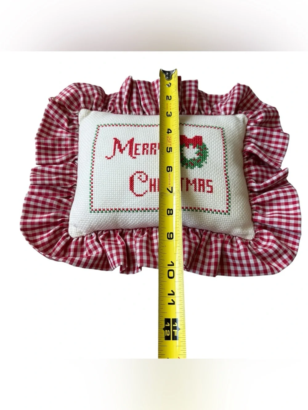 Vintage Christmas Needlework Pillow Gingham Ruffle Grandmillennial Cottage Decor